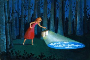 Girl in the woods at night illuminates the road with a book