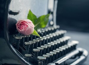 Old antique black vintage typewriter with a pink romantic rose