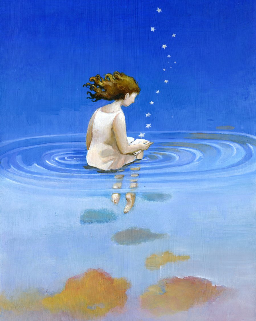 A girl reads floating in the sky